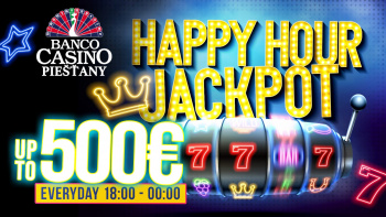 Novinka, ktorá tu ešte nebola – Happy Hour Jackpoty v Banco Casino rozdajú desiatky tisíc eur! Každý deň Banco Casino Piešťany rozdá na Happy Hour Jackpotoch až do výšky 500€ šťastným hosťom. Vyhrajte extrémne Jackpoty už dnes! Banco Casino rozdá prítomný